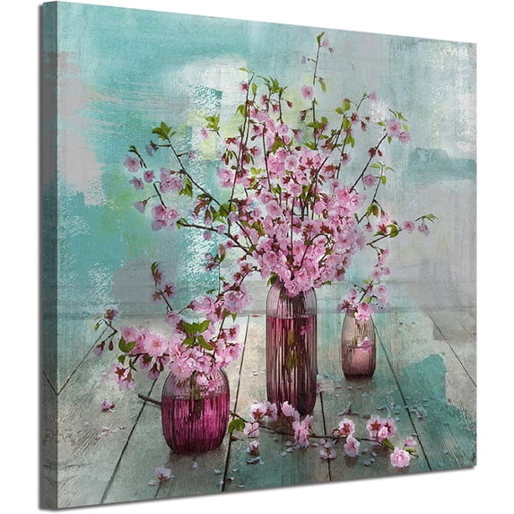 Pink Flower Canvas Wall Art Florals Abstract Picture Teal Turquoise Watercolor Peach Bloosom Painting Artwork Framed for Bathroom Nursery Living Room Bedroom Kitchen Home Office Decor 14"x14"