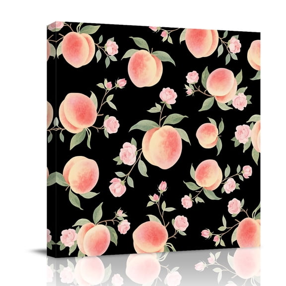 Pink Flower Canvas Wall Art for Living Room, Peach Green Leaf Black Background Fruit Abstract Poster Print Painting for Bedroom Office Home Decoration Wall Pictures Prepare To Hang 16"x16"