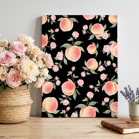 Pink Flower Canvas Wall Art for Living Room, Peach Green Leaf Black Background Fruit Abstract Wall Decor Framed Artwork Pictures Ready to Hang for Bedroom Office Home Decor 20x24 Inch