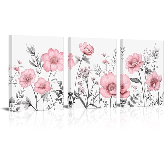 Pink Flower Canvas Wall Art Vintage Floral Painting Pictures Decor Modern Pink and Grey Bedroom Bathroom Decoration (Pink)