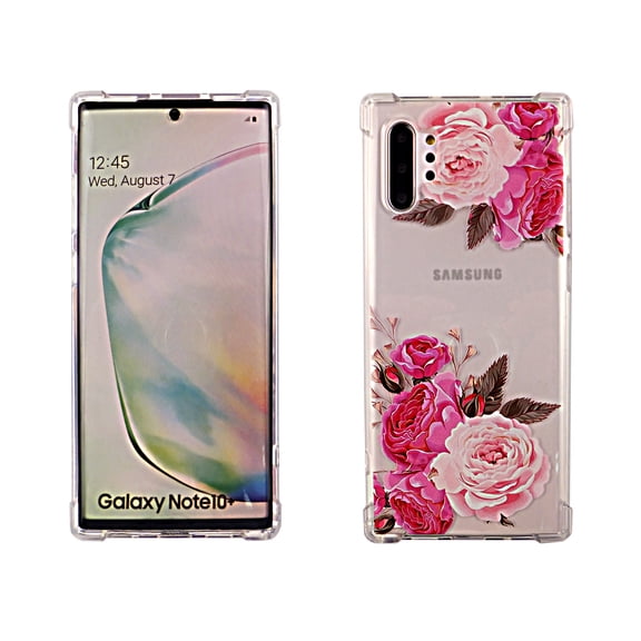 Pink Flower Case for Samsung Galaxy Note 10 Plus 10+ 5G 6.8'' TPU Clear Soft & Flexible Ultra-Thin Shockproof Anti-Scratch Transparent Bumper Slim Lightweight Stylish Protective Cover Women Girls