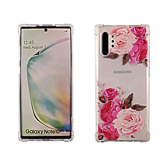 Pink Flower Case for Samsung Galaxy Note 10 Plus 10+ 5G 6.8'' TPU Clear Soft & Flexible Ultra-Thin Shockproof Anti-Scratch Transparent Bumper Slim Lightweight Stylish Protective Cover Women Girls