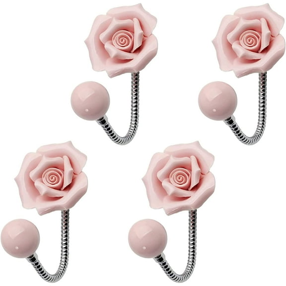 Pink Flower Ceramic Wall Coat Hook4pcs 3D Rose-Shaped Chrome Decorative Robe Hook Decorative Flower Wall Mounted Hooks for Hanging Scarf, Bag, Towel, Hat