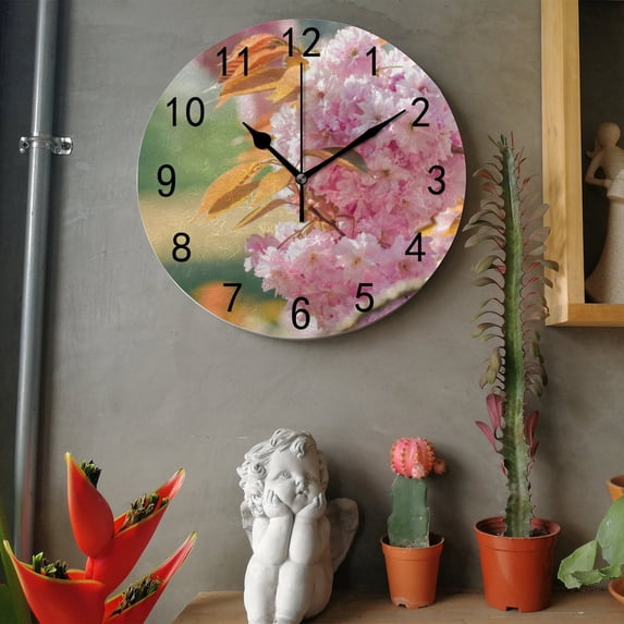 Pink Flower Cherry Blossom Round Wall Clock 10 Inch, Silent Non Ticking Wall Clocks Battery Operated, Simple Modern Decorativel Clock Style fits Any Home Decor