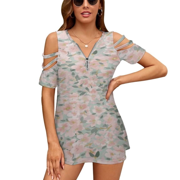 Pink Flower Cherry Blossoms Womens Summer V Neck Zipper Top Short Sleeve T Shirt Off Shoulder Top Casual Classy Loose Shirts