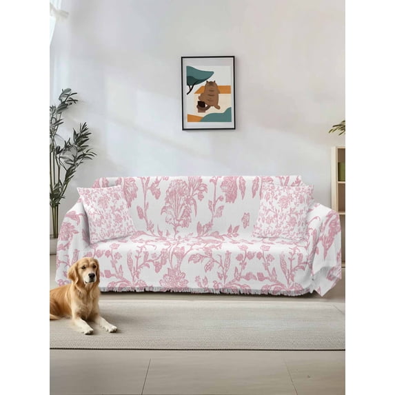 Pink Flower Couch Cover for 2 Cushion Sofa, Vintage Farmhouse Boho Leaf Spring Solid Washable Loveseat Sofa Covers Slipcover for Sectional Sofas L-Shaped, Couch Throw Cover 71"x118"