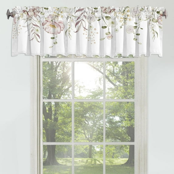 Pink Flower Curtain Valance for Windows Elegant Green Floral Rod Pocket Window ValancesPlant Printed Short Curtains for Kitchen Bathroom 54‘x18‘ 1 Panel