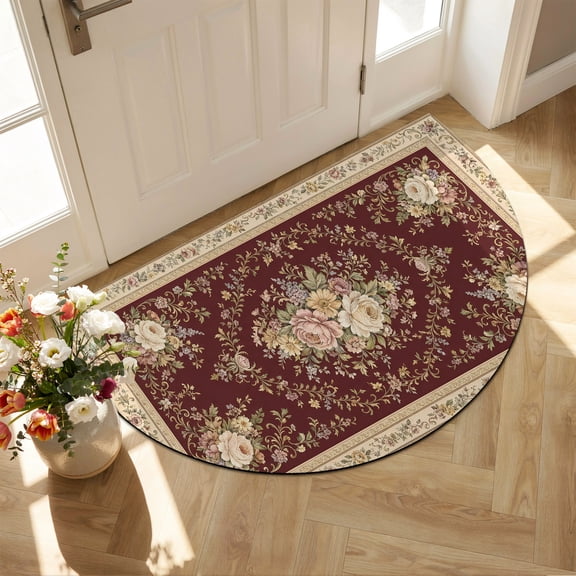 Pink Flower Diatomaceous Earth Bath Mat, Classical Beige Floral Vine Art Prints Burgundy Backdop Half Round Non-Slip Quick Dry Door Mat Super Absorbent Bath Rug for Bathroom Kitchen Laundry 16x24in