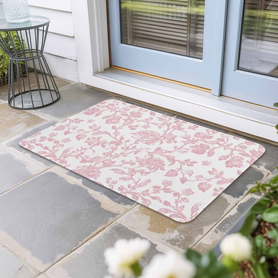 Pink Flower Door Mat Indoor Outdoor, Vintage Farmhouse Boho Leaf Spring Solid Non Slip Welcome Mat with Rubber Backing, Absorbent Fabric Front Door Mats Entryway Rug for Home Patio Entrance 20"x31.5"
