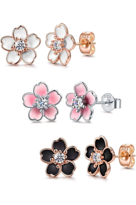 Pink Flower Earrings for Women, 925 Silver Plating Stud Earrings, Cute Plumeria Earrings For Women, Cherry Blossom Hypoallergenic Stud