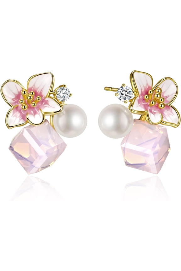 Pink Flower Earrings for Women, 925 Sterling Silver Stud Earrings, Cute Plumeria Earrings For Women, Cherry Blossom Hypoallergenic Stud