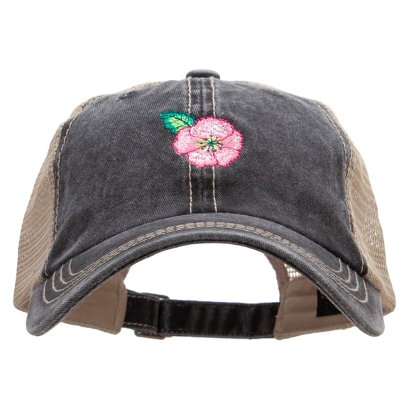 Pink Flower Embroidered Pigment Dyed Mesh Cap - Black Khaki OSFM