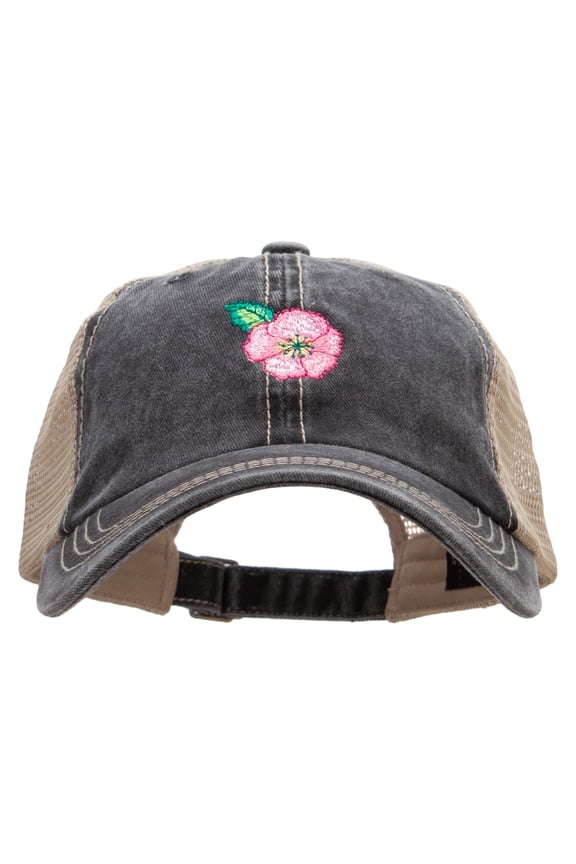 Pink Flower Embroidered Pigment Dyed Mesh Cap - Black Khaki OSFM