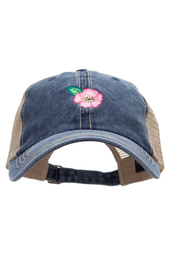 Pink Flower Embroidered Pigment Dyed Mesh Cap - Navy Khaki OSFM