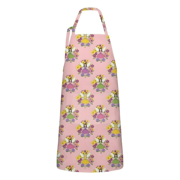 Pink Flower Fairy Pattern Apron-Garden Aprons for Women with Pockets-Cotton Linen Waterproof Kitchen Cooking Gardening Aprons Adjustable for Kitchen,Cooking,BBQ and Salon 33x27 Inch