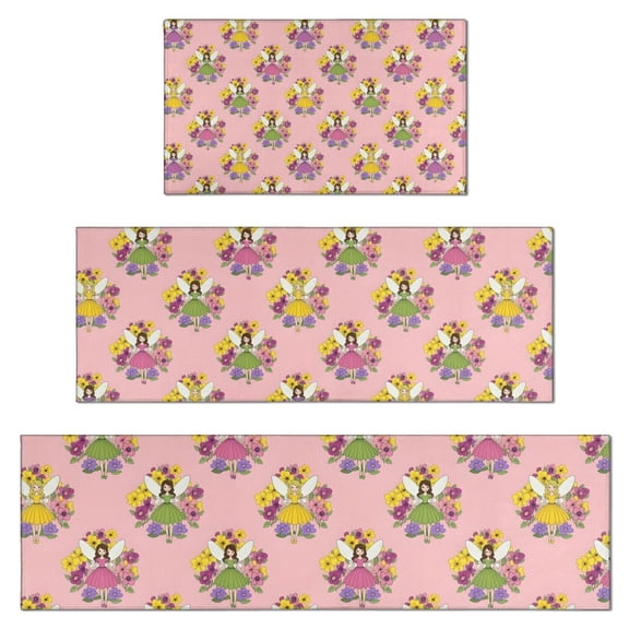 Pink Flower Fairy Pattern Kitchen Rugs Sets Of 3,Kitchen Runner Rugs Non Skid Washable,Decorative Kitchen Floor Mats for Kitchen,Sink,Laundry,17"x30"+ 17"x47" + 17"x59"