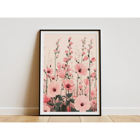 Pink Flower Field Poster Botanical Bloom Meadow Flowers Art Print Pink Floral Wall Art Home Decor Pink Flowers Bloom - Poster Unframed