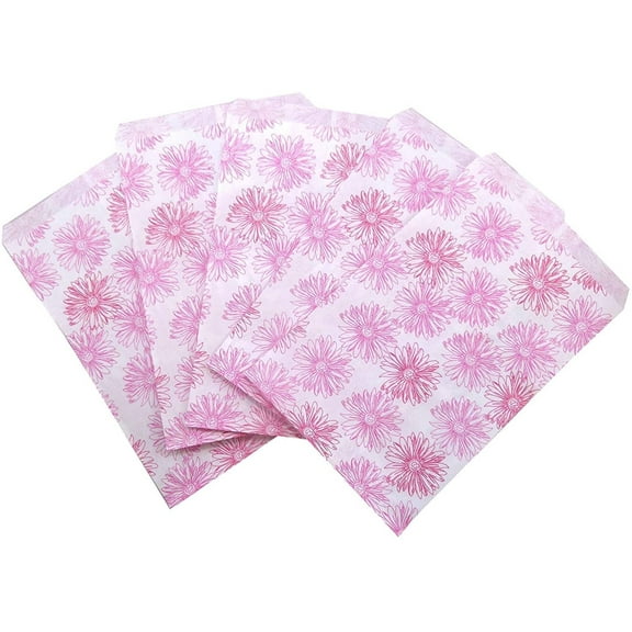 Pink Flower Flat Paper Gift Bags 100pcs 4" x 6" for Merchandise, Crafts, Party Favors, Tradeshows, Retail, Handmade Goods, Arts and Crafts, Outdoor Events, Holidays, Weddings