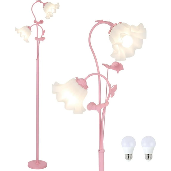 Pink Flower Floor Lamp, Floral Standing Lamp with 2 LED 5W Blubs, Foot Switch, Modern Corner Tall Lamp with Acrylic Shade, Girls Cute Floor Lamp for Living Room Bedroom Office Kids Reading