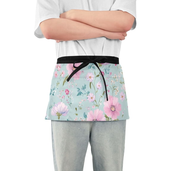 Pink Flower Garden Short Server Apron with 3 Pockets for Unisex Chef Gardening