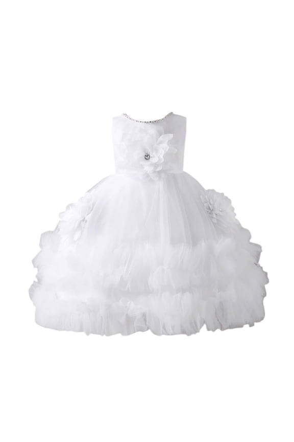 Pink Flower Girl Bubble Skirt Tutu: Satin Ruffle Tulle Tiered Gown, Wedding Birthday Pageant Dress with Large Rose White 100