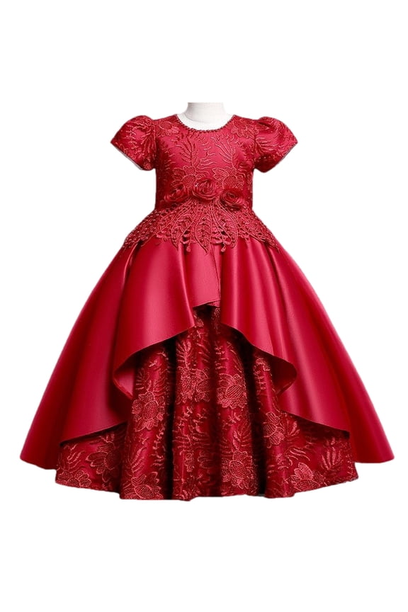 Pink Flower Girl Rose Dress: Satin Ruffle Tulle Tiered Gown, Wedding Birthday Pageant Dress Wine 120