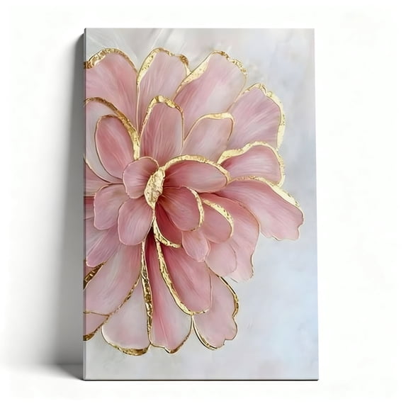Pink Flower With Gold Edge Canvas Wall Art, Luxury Floral Print Decor, Modern Abstract Botanical Artwork For Living Room, Bedroom, Entryway, Ready To Hang 16*24inch(40*60cm)