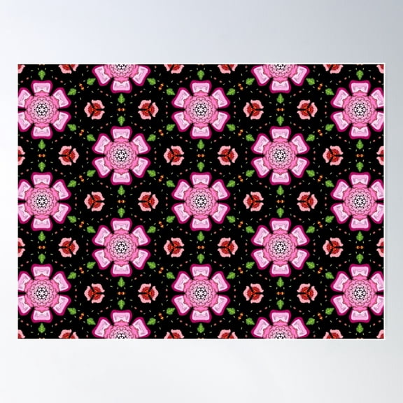 Pink Flower Green Leaf Arabesque Fabric Textiles Pattern Black Background Poster Wall Art, Modern Wall Decor For Living Room Bedroom, 8x12 UNFRAMED