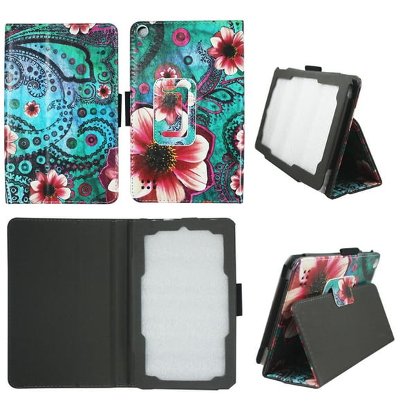 Pink Flower Green Paisley Folio Case for Kindle Fire 7 2015 Slim Fit PU Leather Lightweight Standing Cover for Amazon Fire 7 inch Tablet (5th Generation - 2015 release)
