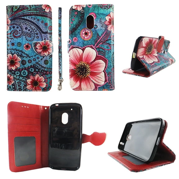 Pink Flower Green Paisley Wallet Folio Case for Motorola Moto G4 Play Fashion Flip PU Leather Cover Card Cash Slots & Stand