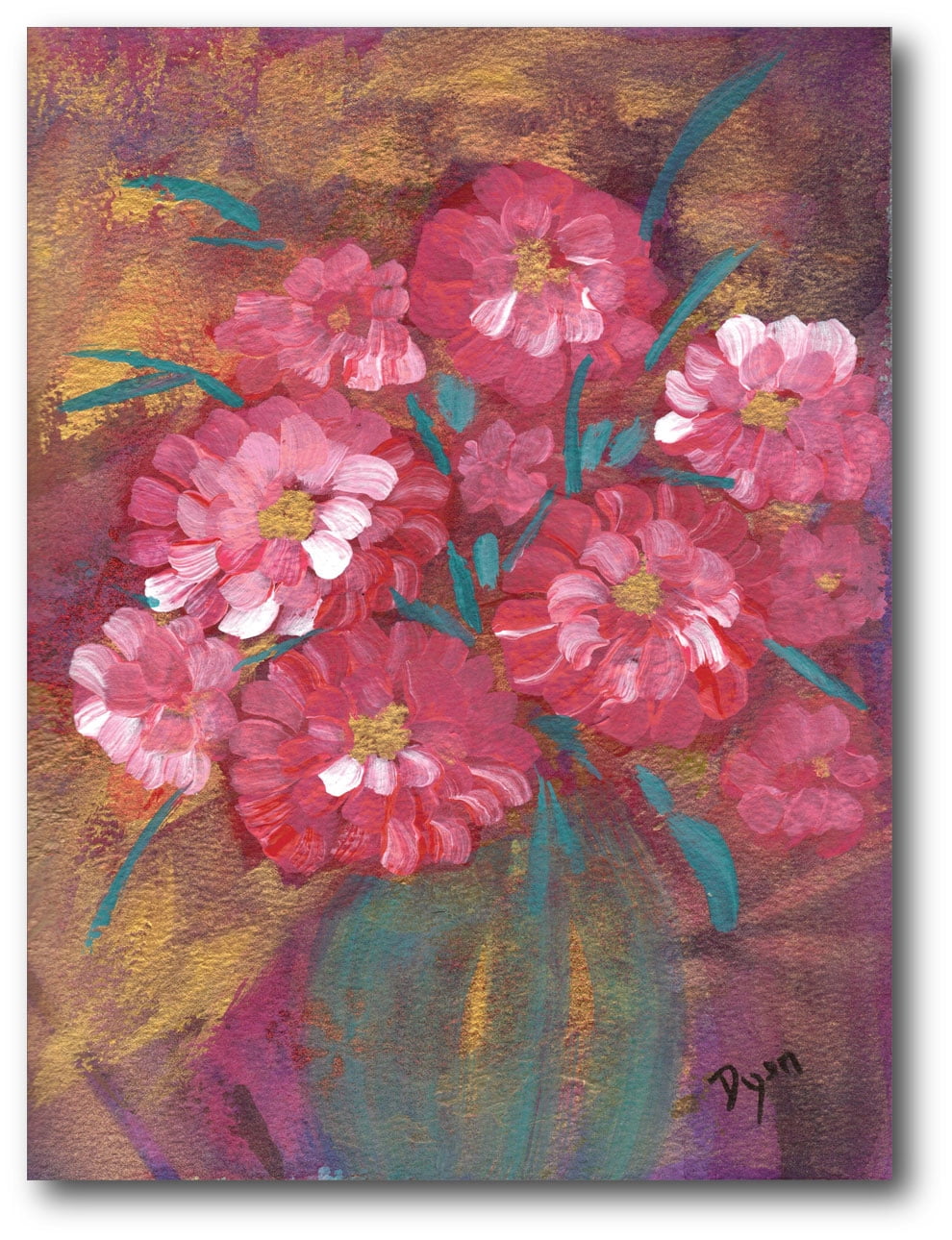 Pink Flower Green Vase Gallery-Wrapped Canvas Wall Art, 16x20