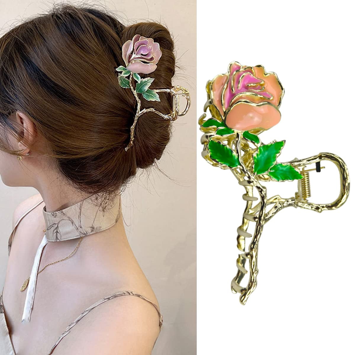 Long Intricate Floral Hair Clip with Pink‎ and Green Accents Overflow And so the fairytale continues... ✨ Jeet and Diva looking  main image 3