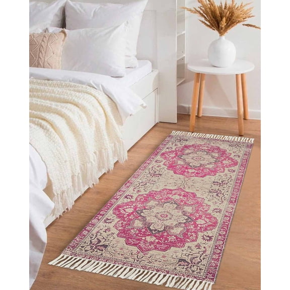 Pink Flower,Hallway Runner Rug 2x5ft,Abstract Contemporary Boho Geometric Tribal Washable Woven Living Room Bedroom Kitchen Bathroom Carpet with Tassels,Indoor Outdoor Throw Door Mat for Entryway