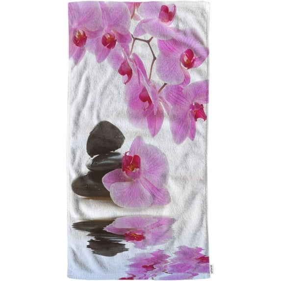 Pink Flower Hand Towels Cotton Washcloths,Orchid and Leaves Stone in Water Reflection Ultra-Absorbent Soft Towels for Bath/Yoga/Golf/Hair/Face Towel for Men/Women/Girl/Boys 15X30 Inch
