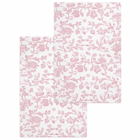 Pink Flower Hand Towels Set,Waffle Weave Kitchen Towels 2 Pieces,Microfiber Hair Face Bath Tea Towel Absorbent Quick Drying Cleaning Dish Cloths,Vintage Farmhouse Boho Leaf Spring Solid 15.7"x23.6"