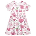 thumbnail image 1 of Pink Flower Heart Pattern Girls Short Sleeve Dress A Line Sun Protection Breathable Comfort Sundress 2T, 1 of 8