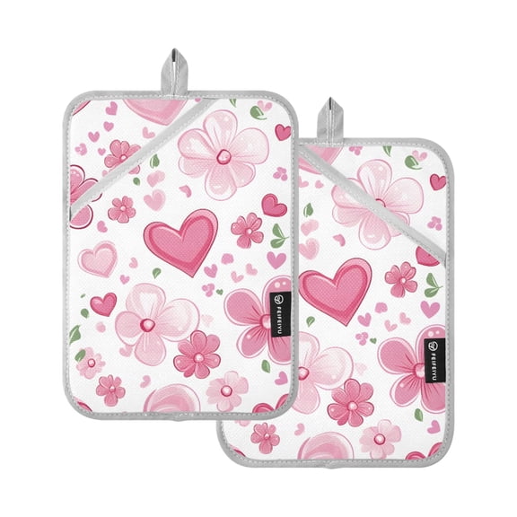 Pink Flower Heart Pattern Pot Holder Set 2 Piece Non-Slip Oven Hot Pads Heat Resistant Durable 7x9.8in