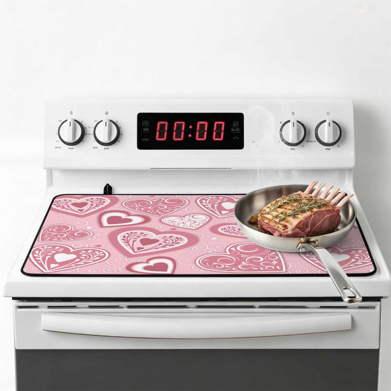 Pink Flower Heart, Stove Top Cover for Electric Stove, Heat-proof & Non Slip Glass Top Stove Cover Protector, Valentine's Day Botanical Love Heart Kitchen Flat Cooktop Rubber Mat 24x21 Inches
