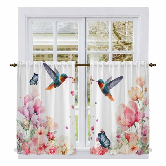Pink Flower Kitchen Curtains 45 Inch Length, Spring Floral Butterflies Birds Farmhouse Tiers Curtains for Bathroom Bedroom Cafe, Light Filtering Small Window Treatment Short Drapes 2 Panels 42"Wx45"L