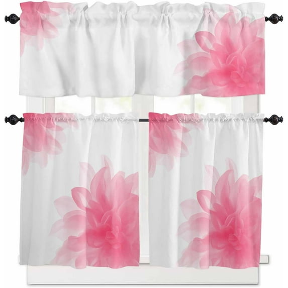 Pink Flower Kitchen Curtains, Boho Modern Floral Abstract Ombre Leaf White 3-Piece Kitchen Curtain Valance and Tiers Set 36 Inch Length, Rod Pocket Half Window Curtains for Cafe Living Room Bathroom