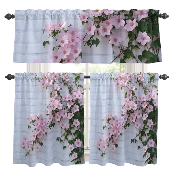 Pink Flower Kitchen Curtains Set for Windows, Spring Beautiful Floral Leaf Plant White Wall Curtains Valance and Tier 3 Piece Set Small Drapes 36 Inch Length for Kitchen Bedroom Decor