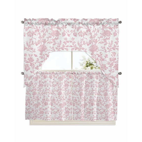 Pink Flower Kitchen Curtains Swag Valance and Tier Curtains Set 24 Inch Length, Vintage Farmhouse Boho Leaf Spring Solid Rod Pocket Drape Panels Pair Swag Curtains for Bathroom/Cafe/Window