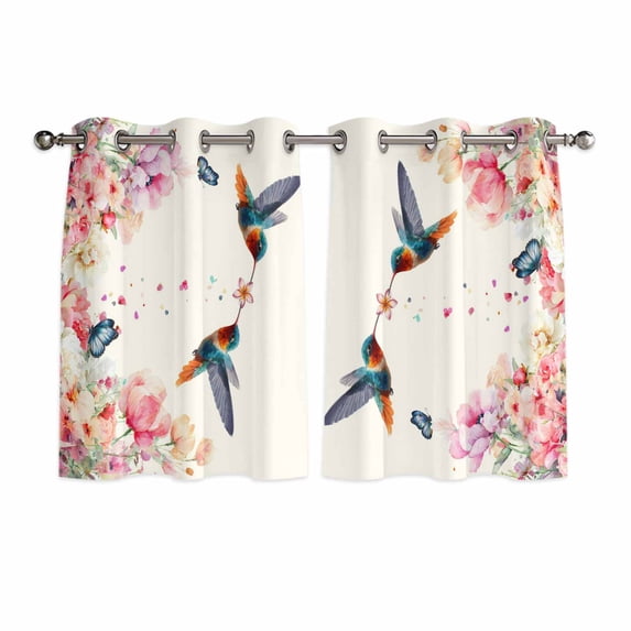 Pink Flower Kitchen Curtains Window Panels, Spring Floral Butterflies Birds Elegant Farmhouse Insulated Window Treatment Curtain, Grommet Curtains for Bedroom/Living Room/Bathroom, 2 Piece 42"Wx54"L
