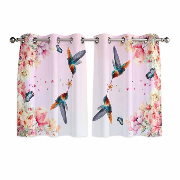 Pink Flower Kitchen Curtains Window Panels, Spring Floral Elegant Butterflies Birds Farmhouse Insulated Window Treatment Curtain, Grommet Curtains for Bedroom/Living Room/Bathroom, 2 Piece 42"Wx45"L