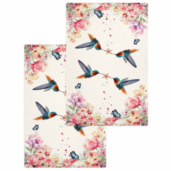 Pink Flower Kitchen Dish Towels for Drying Dishes Set of 2, Spring Floral Butterflies Birds Elegant Farmhouse Waffle Weave Microfiber Hand Tea Bathroom Towels Quick Dry & Absorbent Towel 15.7x23.6