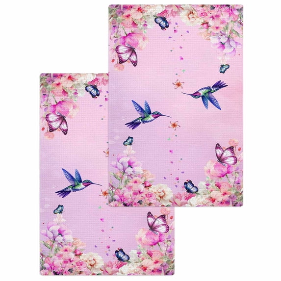 Pink Flower Kitchen Dish Towels for Drying Dishes Set of 2, Spring Floral Butterfly Elegant Pastoral Birds Waffle Weave Microfiber Hand Tea Bathroom Towels Quick Dry & Absorbent Towel 15.7x23.6