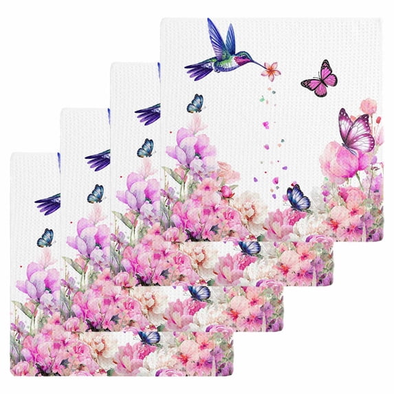 Pink Flower Kitchen Dish Towels for Drying Dishes Set of 4, Spring Floral Butterflies Elegant Pastoral Birds Waffle Weave Microfiber Hand Tea Bathroom Towels Quick Dry & Absorbent Towel 12x12