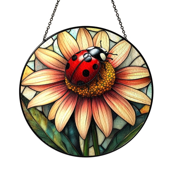 Pink Flower Ladybug Window Art – Stained Glass Decor for Garden Fans