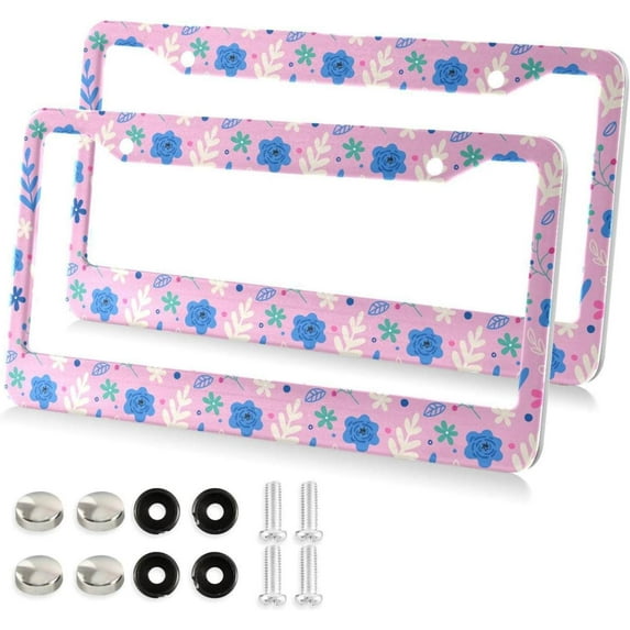 Pink Flower & Leaf License Plate Frame, Decorative Aluminum Car Tag Frames, 2 Pack Universal Car License Plate Covers with 2 Holes and Screws
