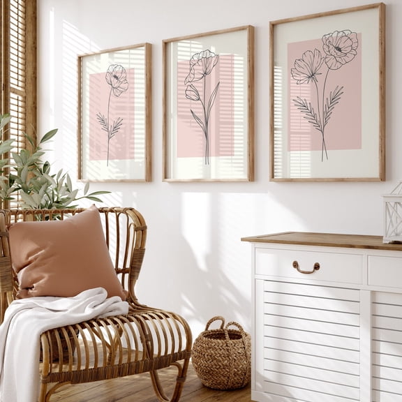 Pink Flower Line Art Prints Danish Pastel Botanical Decor Set 3 Unframed Paper Print 12x18